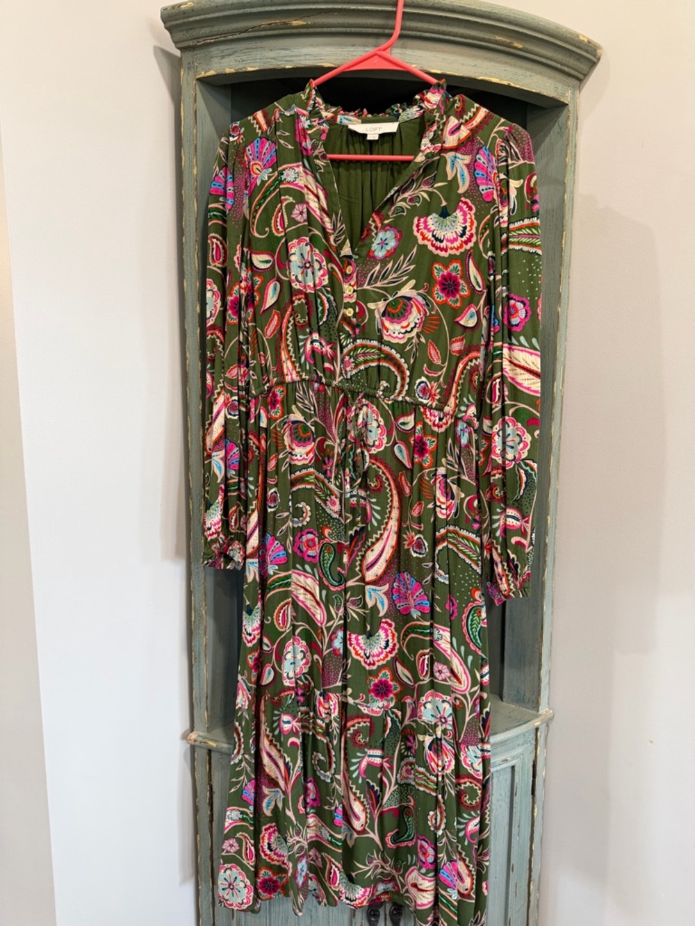 LOFT Olive Green Paisley Print Long-Sleeve Midi Dress